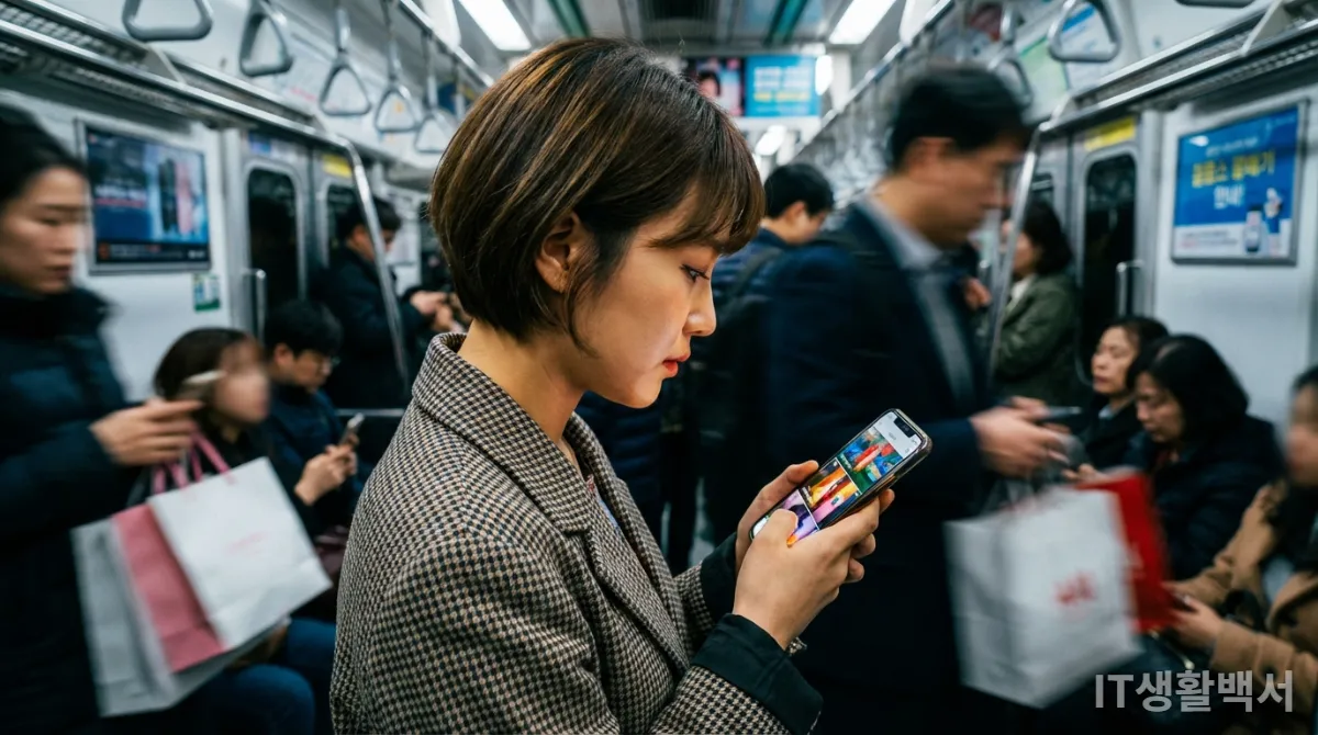 한국 길거리에서 숏폼 비디오를 시청하는 젊은 한국인