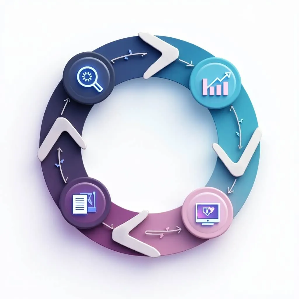 젠스파크 AI 사용법: 콘텐츠 크리에이터의 젠스파크 활용 워크플로우를 원형 사이클로 시각화한 이미지. 리서치, 데이터 분석, 글쓰기, 프레젠테이션 제작의 4단계가 흐르는 화살표로 연결되며 각 단계마다 아이콘과 미니 화면 프리뷰가 표시된 순환 프로세스 다이어그램 (Genspark content creator workflow cycle research data writing presentation automation process)