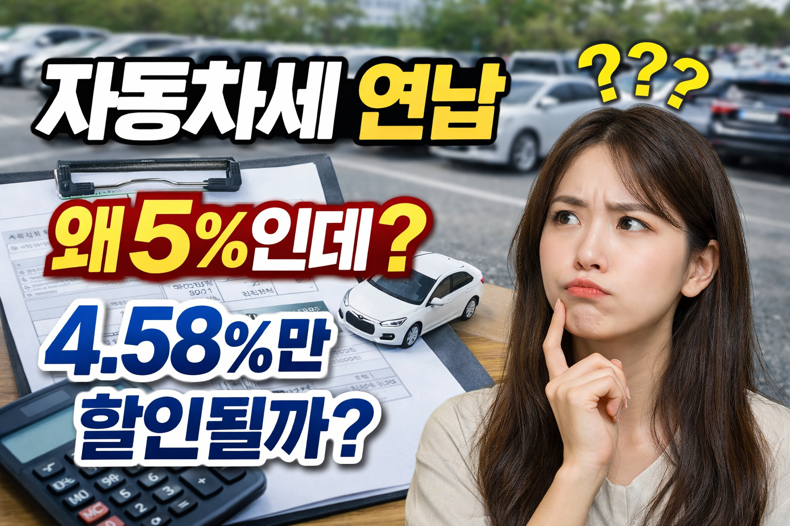자동차세 연납 할인율 5%와 실제 할인 4.58% 차이 이유를 설명하는 정보형 썸네일 이미지