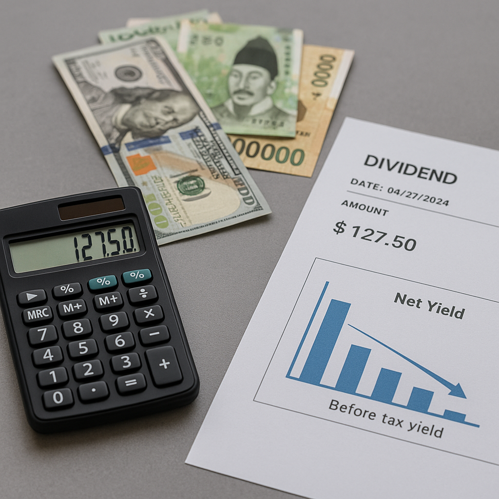 달러와 원화 지폐, 계산기, 배당금 영수증과 세후 수익률 그래프