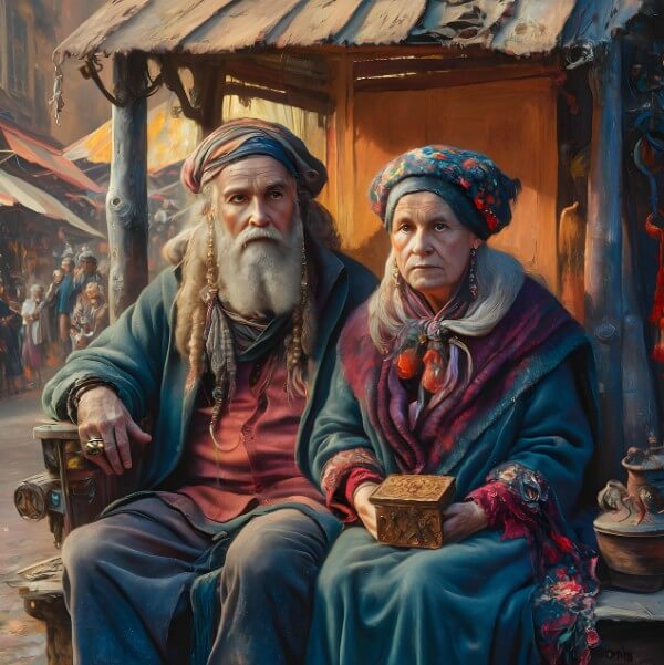 할아버지와 할머니가 정면을 바라보고 있는 모습