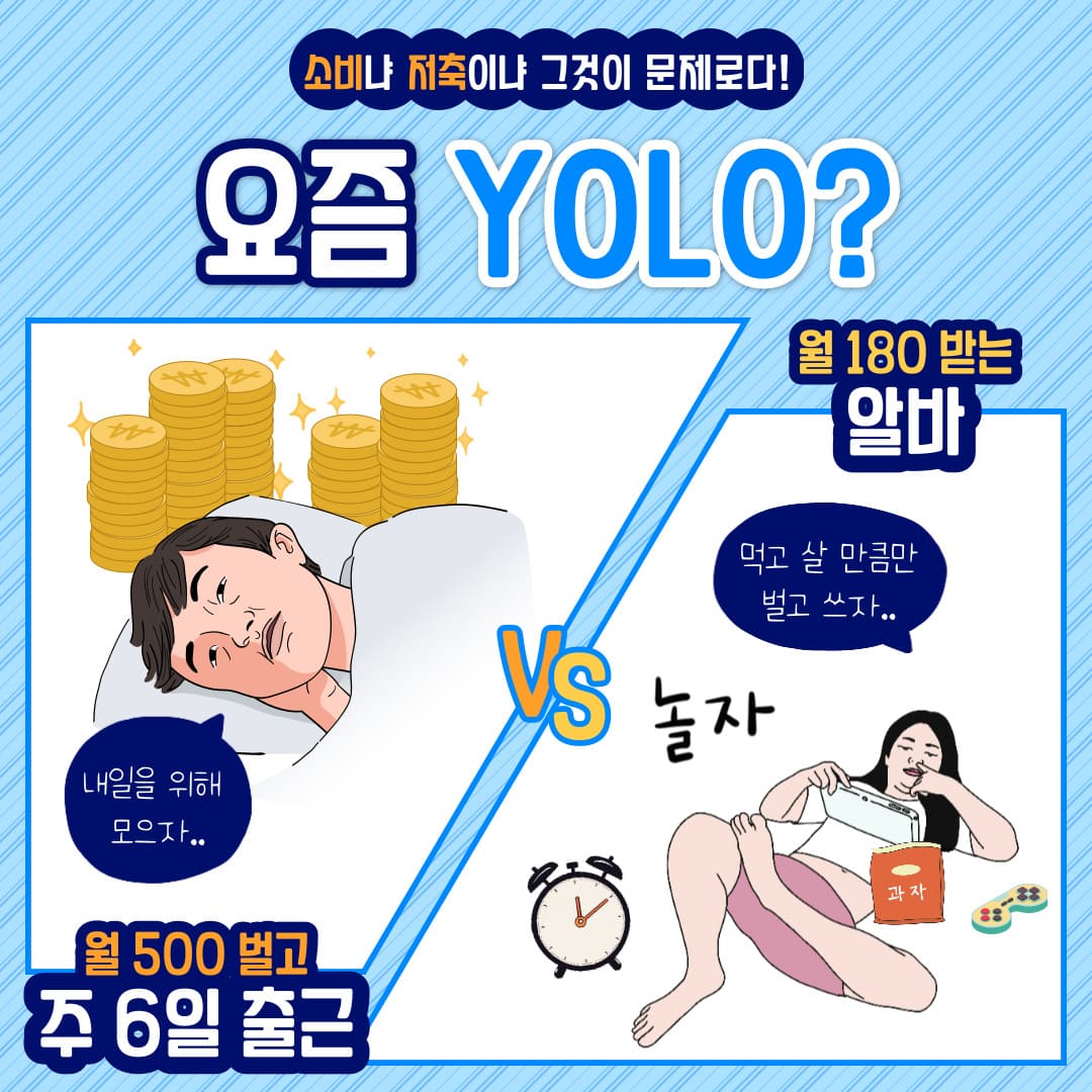 YOLO세대의 소비 중심 생활과 저축 중심 생활을 비교하는 삽화, 일과 저축을 선택한 사람과 자유로운 소비를 선택한 사람의 대비