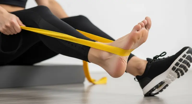 세라밴드를 이용한 발목 재활 운동 장면, 비골근 강화와 발목 불안정성 예방에 효과적