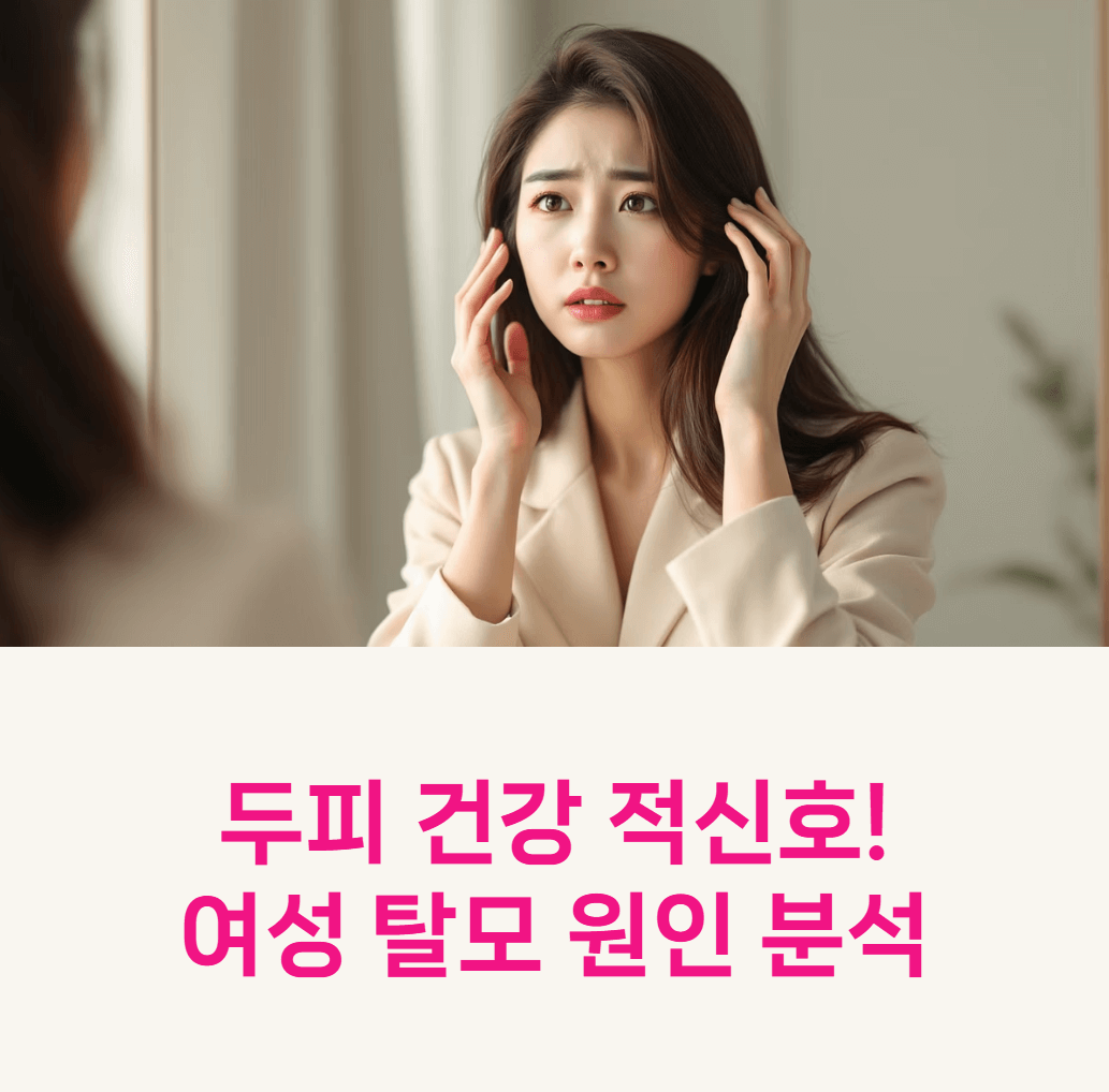 Korean woman looking worried while checking her hair loss in mirror, soft natural lighting, realistic portrait