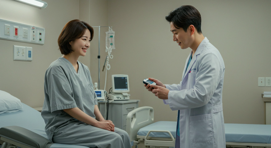 병원에서 혈당 측정을 받는 한국인 여성