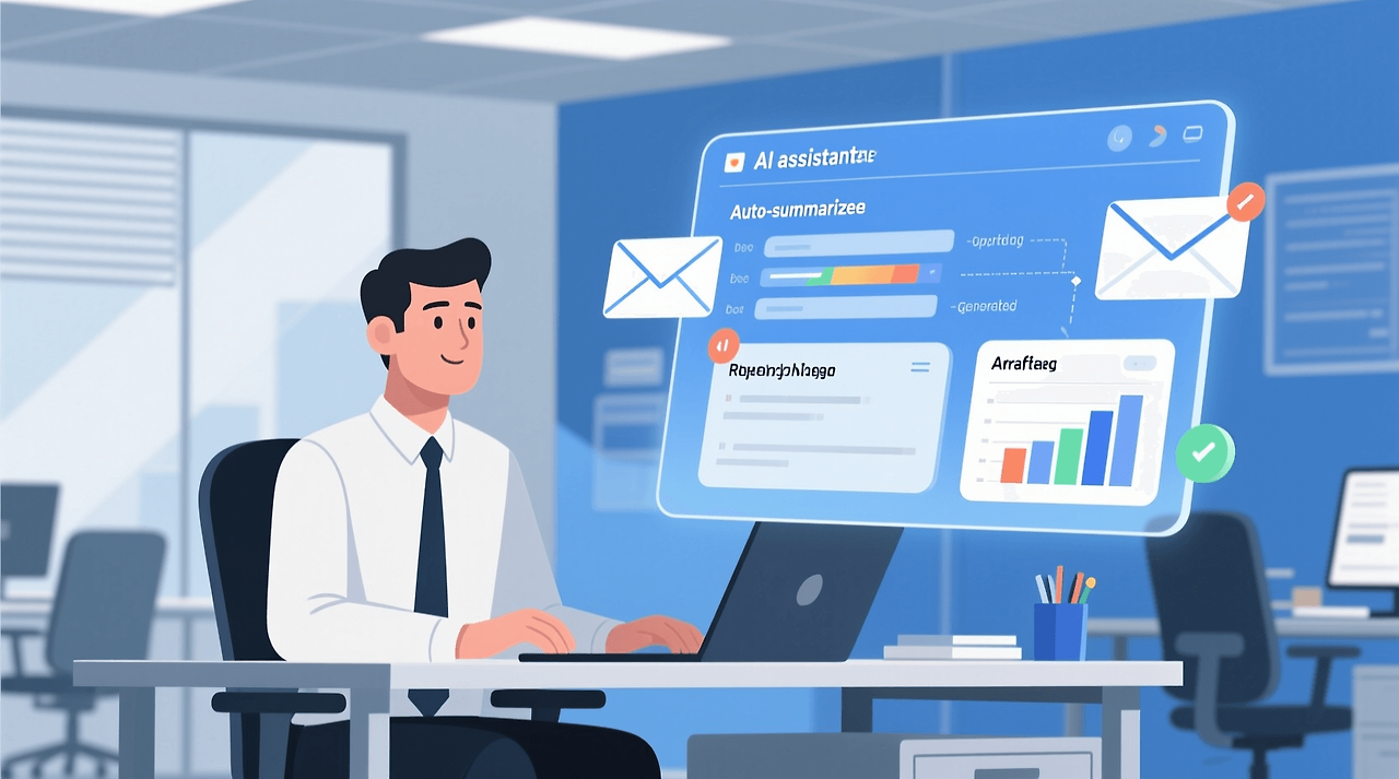 직장인이 AI 에이전트를 활용해 회의록, 이메일, 보고서를 자동으로 처리하는 업무 환경 일러스트