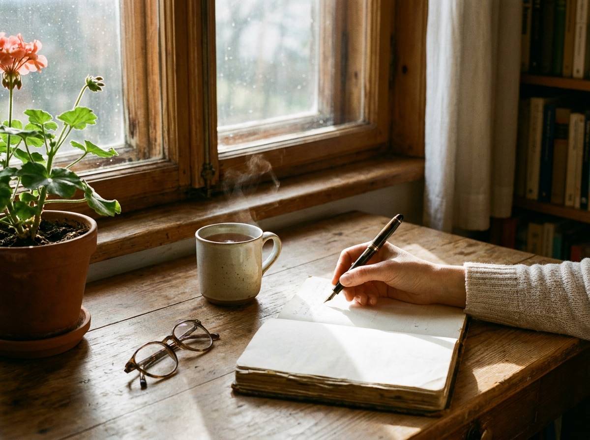 햇살이 비치는 창가에서 수첩에 꼼꼼하게 메모를 하고 있는 여성의 손