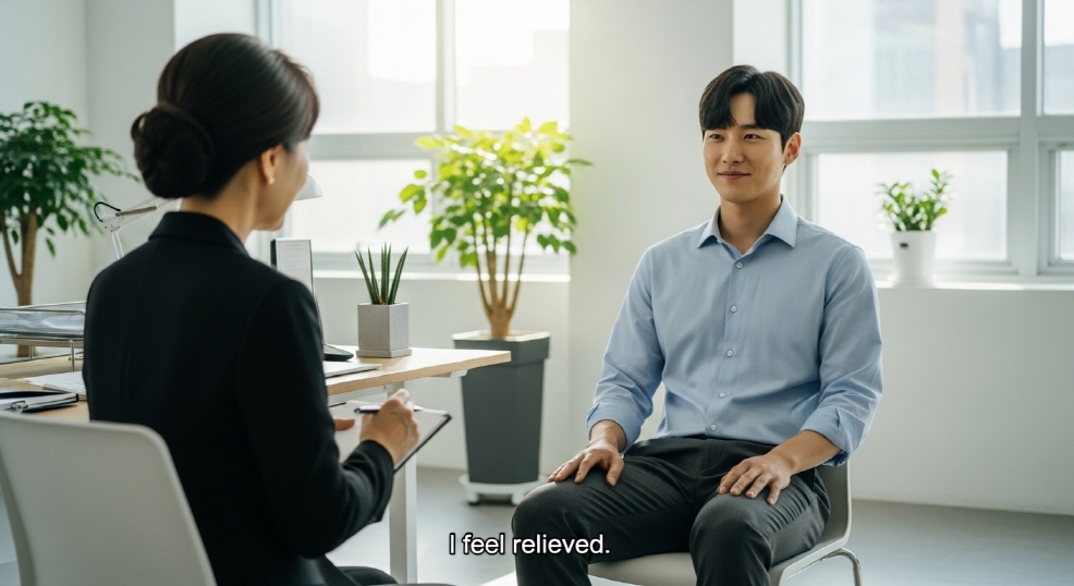 “숨통 트였습니다” 말풍선이 있는 인터뷰 장면