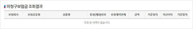 내보험찾아줌사이트-미청구보험금-조회결과-화면