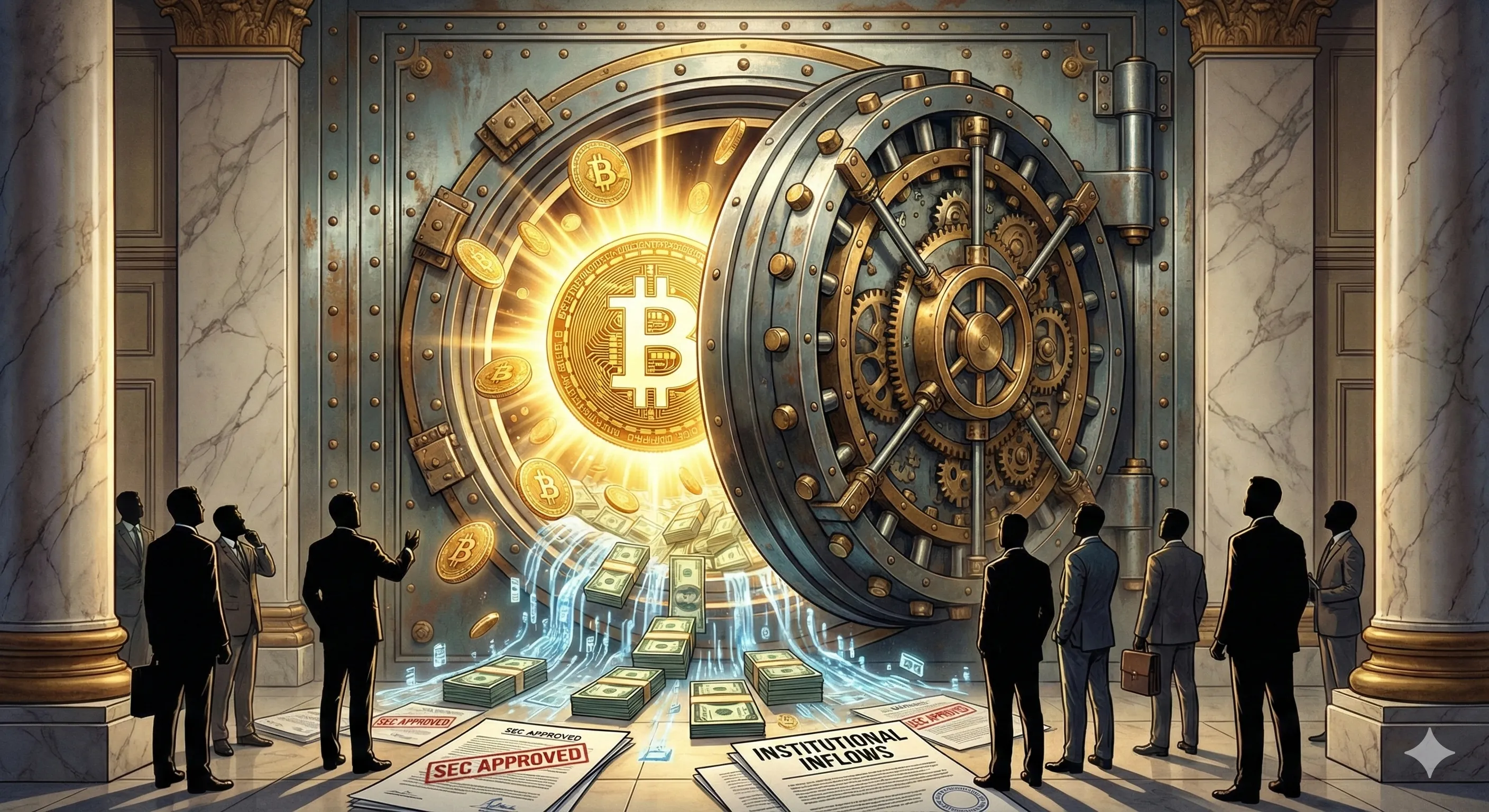 미국 SEC 승인 이후 굳게 닫혔던 금융 금고가 열리며 비트코인 현물 ETF 시장으로 막대한 글로벌 기관 자금이 유입되는 모습을 묘사한 일러스트