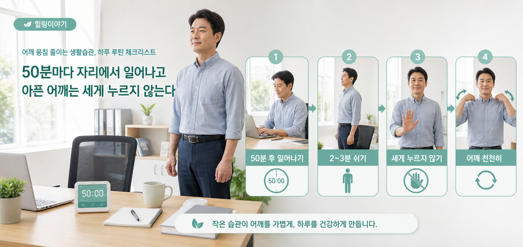 어깨 뭉침 줄이는 생활습관으로 50분마다 일어나 쉬는 루틴