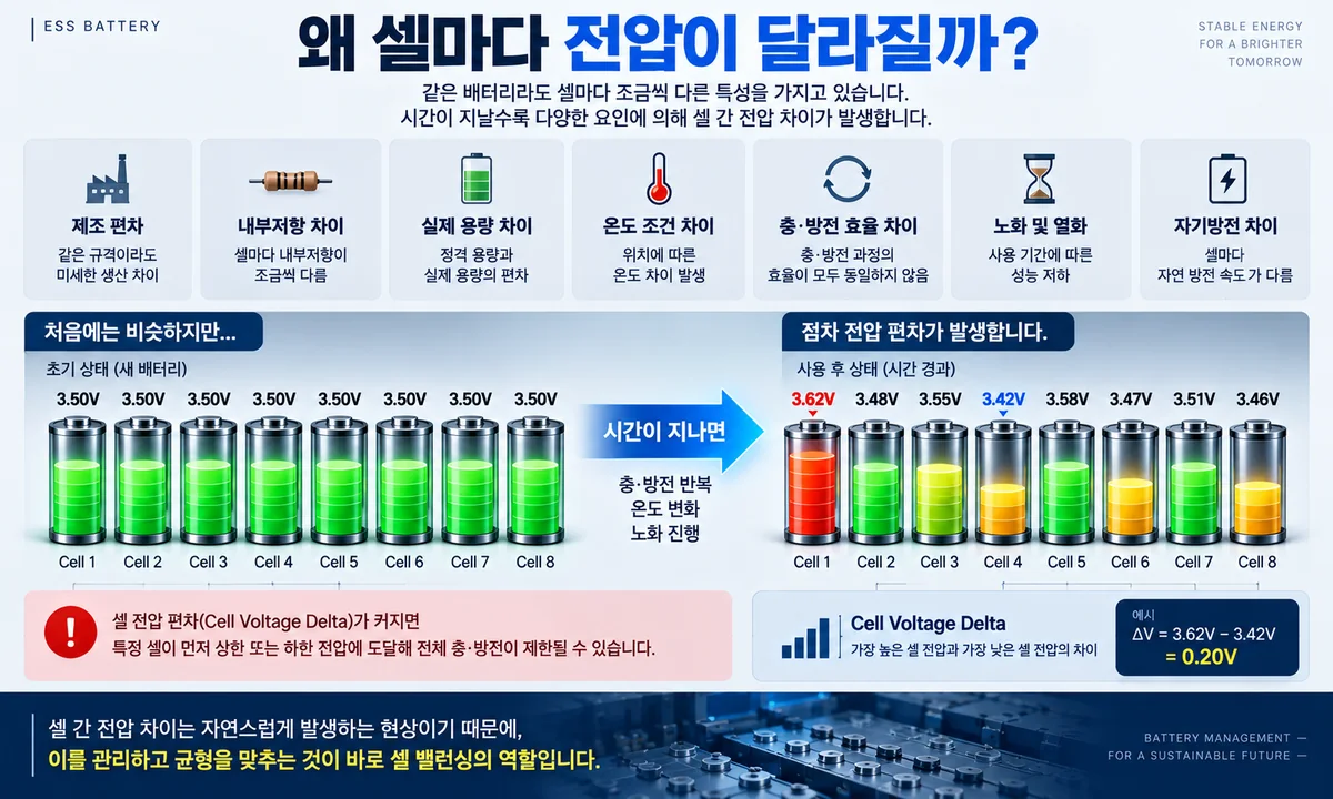 배터리 셀마다 전압 차이가 발생하는 원인과 Cell Voltage Delta 설명 인포그래픽