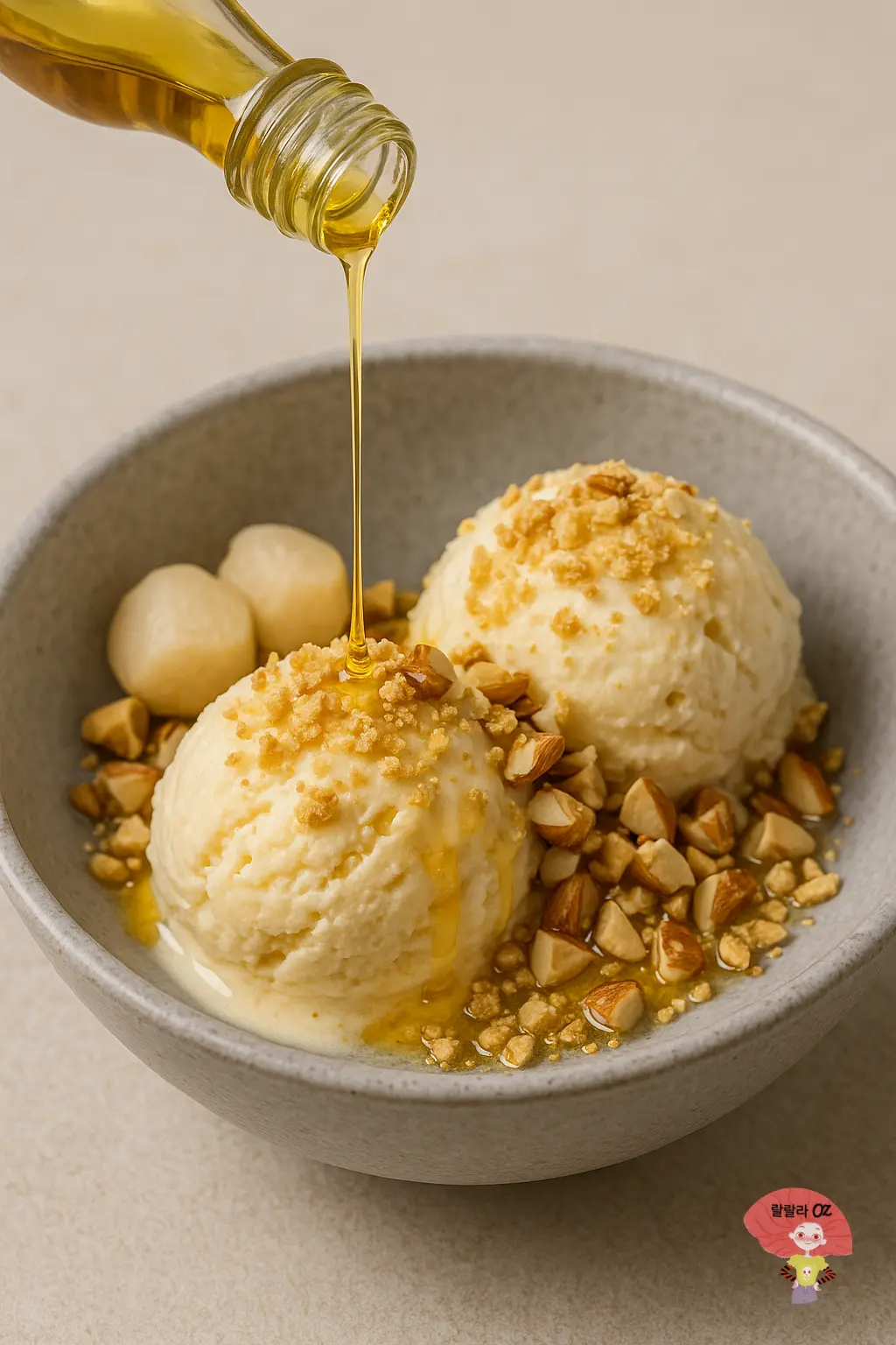 vanilla-ice-cream-with-nut-topping-and-maple-syrup&ndash;drizzled-with-sesame-oil