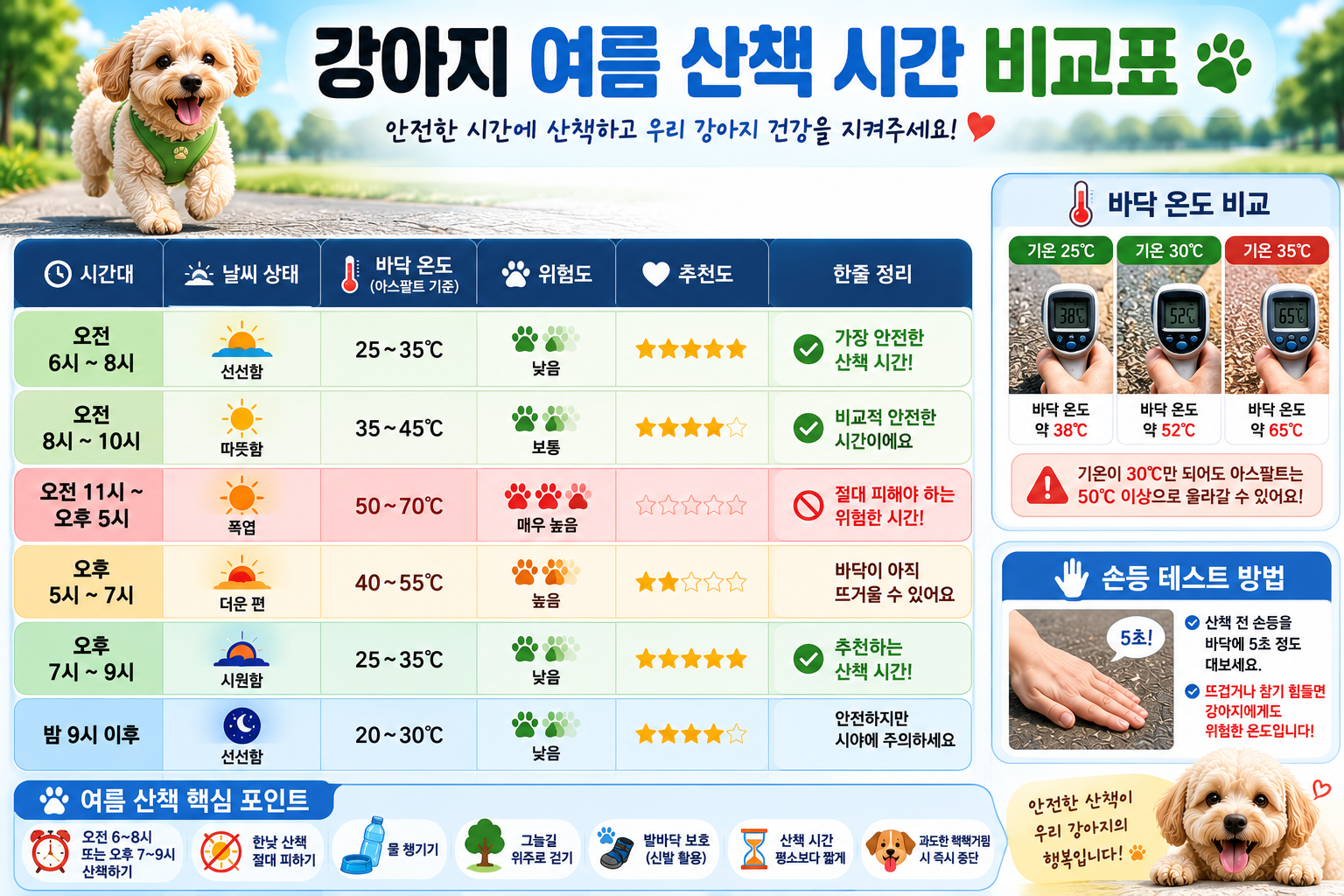 강아지 여름 산책 시간 비교표 이미지