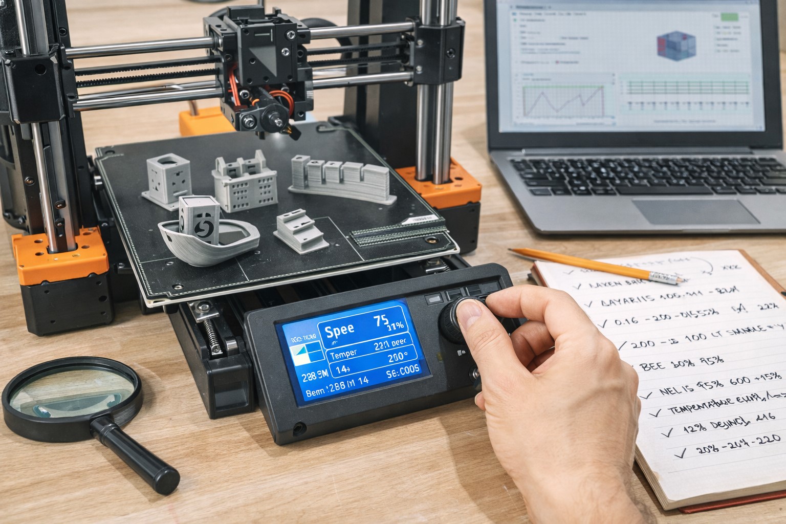3D 프린터 출력 속도 설정을 조정하며 테스트 출력을 확인하는 작업대 대표 이미지