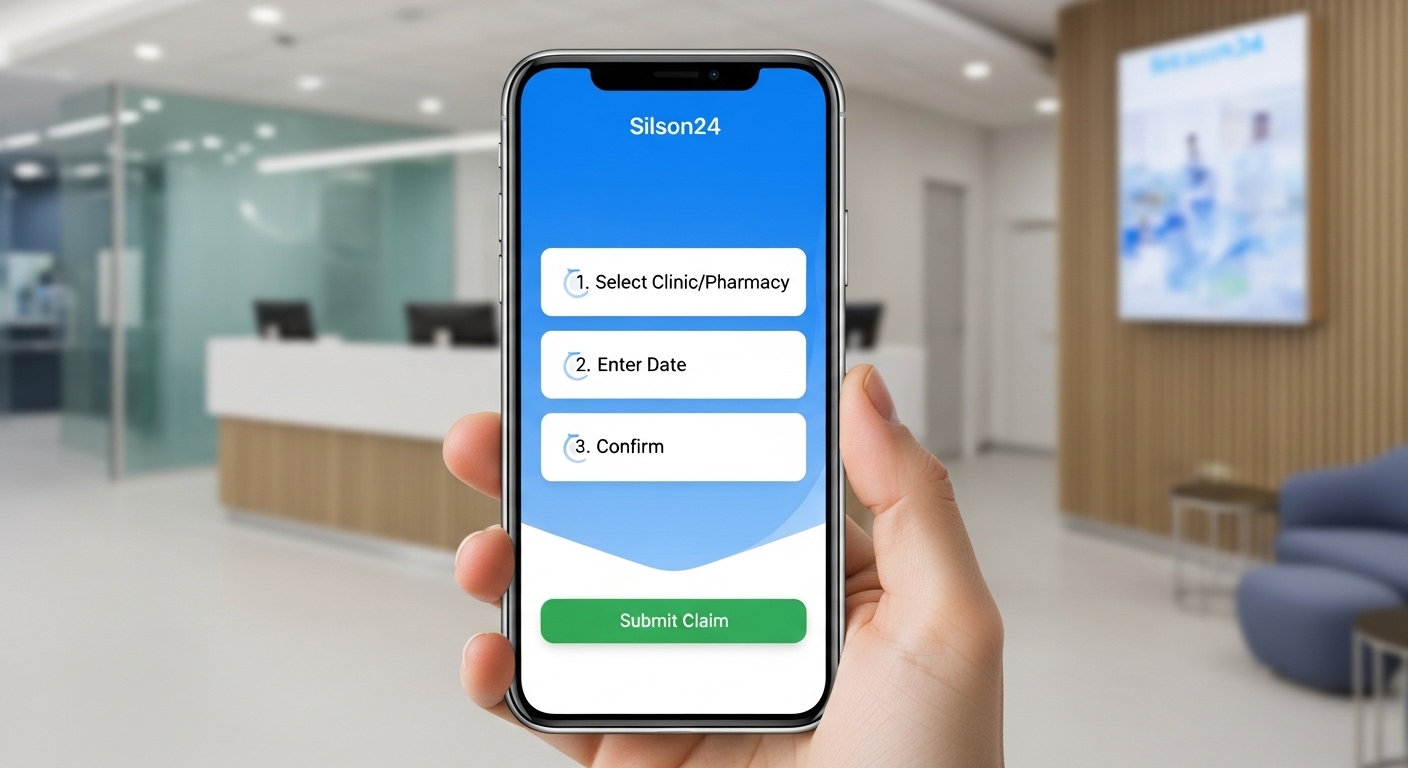 손이 '실손24' 모바일 앱으로 실손보험 청구를 진행하는 화면. 앱에는 간단한 청구 단계와 제출 버튼이 보이며, 배경은 현대적인 병원 접수대이다.