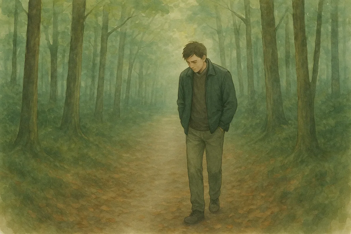 애도 단계와 상실 심리를 표현한 일러스트 - 고요한 숲길을 걷는 남성
