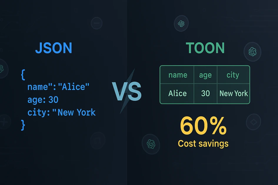 JSON과 TOON 데이터 포맷 비교 인포그래픽 - LLM 토큰 최적화 및 비용 절감 가이드