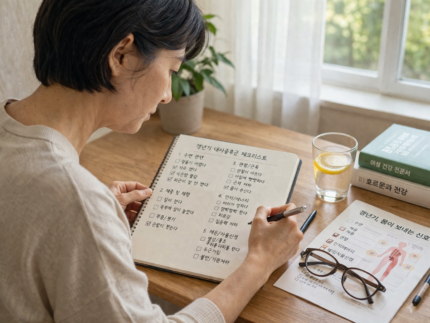 갱년기 증상을 점검하기 위해 체크리스트를 작성하며 건강 상태를 확인하는 중년 여성의 모습