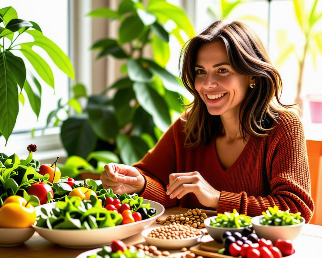 40~50대 여성이 갱년기에 좋은 음식을 먹고있는 사진