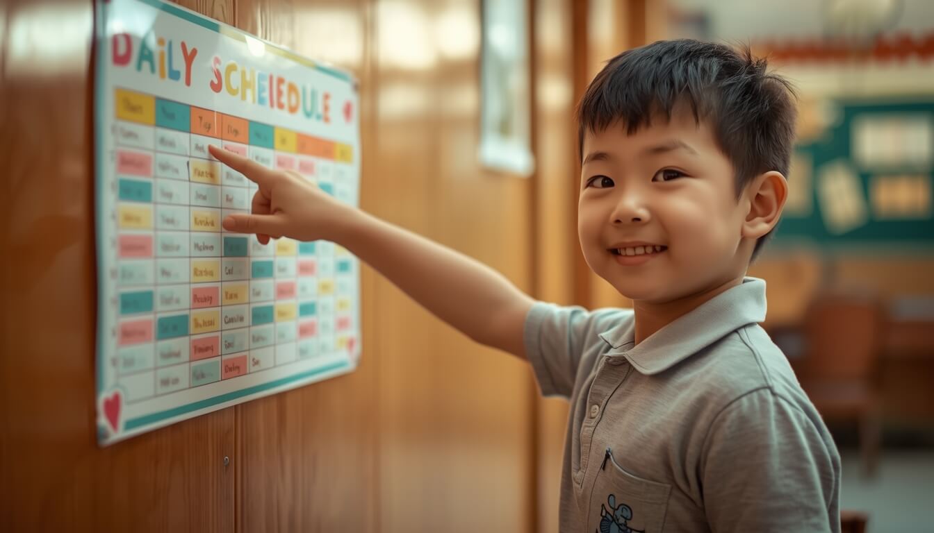 벽에 붙은 하루 일과표와 스마트폰 규칙을 가리키며 자랑스러워하는 초등학생 소년