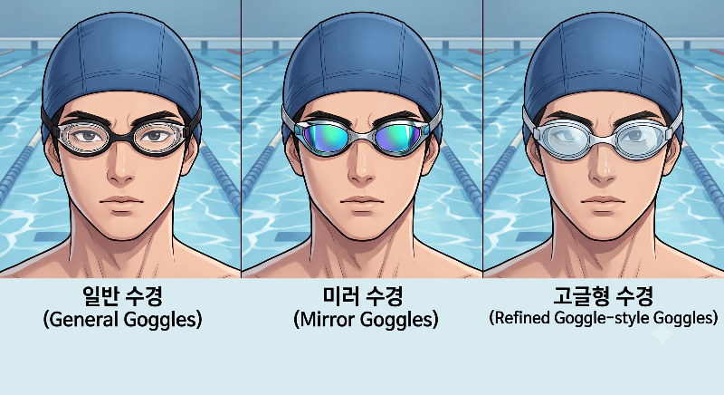 일반 수경 미러 수경 고글형 수경 비교