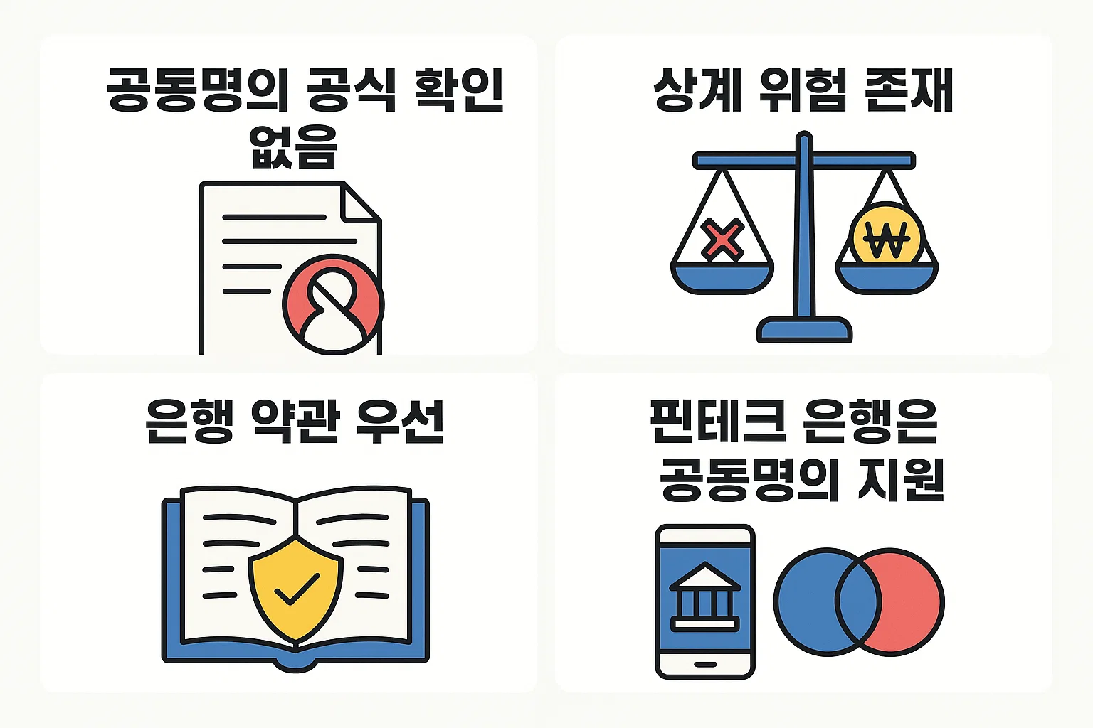 기업은행 모임통장 공동명의 가능성에 대해 설명하는 인포그래픽으로, 공식 확인 부재, 상계 위험, 은행 약관 우선, 핀테크 은행 지원 여부 등 주요 내용을 시각적으로 정리한 자료입니다.