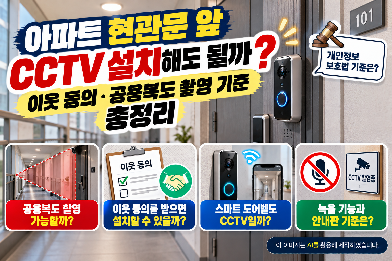 아파트 현관문 앞 CCTV 설치 가능 여부와 이웃 동의, 공용복도 촬영 기준, 스마트 도어벨 및 개인정보 보호법 관련 주의사항을 설명하는 이미지