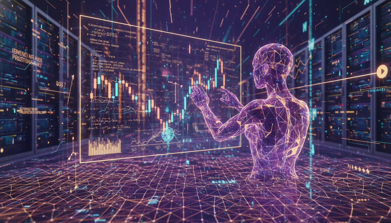 2026년 터보퀀트 기술이 적용된 인공지능 기반 퀀트 투자 시스템이 주식 시장 데이터를 분석하는 모습. 보라색과 노란색 빛의 신경망이 복잡한 알고리즘과 주식 차트를 홀로그램으로 보여주며 금융 혁신을 상징합니다.