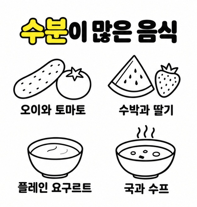 수분이 많은 음식으로 오이와 토마토, 수박과 딸기, 플레인 요구르트, 국과 수프를 네 묶음의 그림으로 보여 주는 이미지