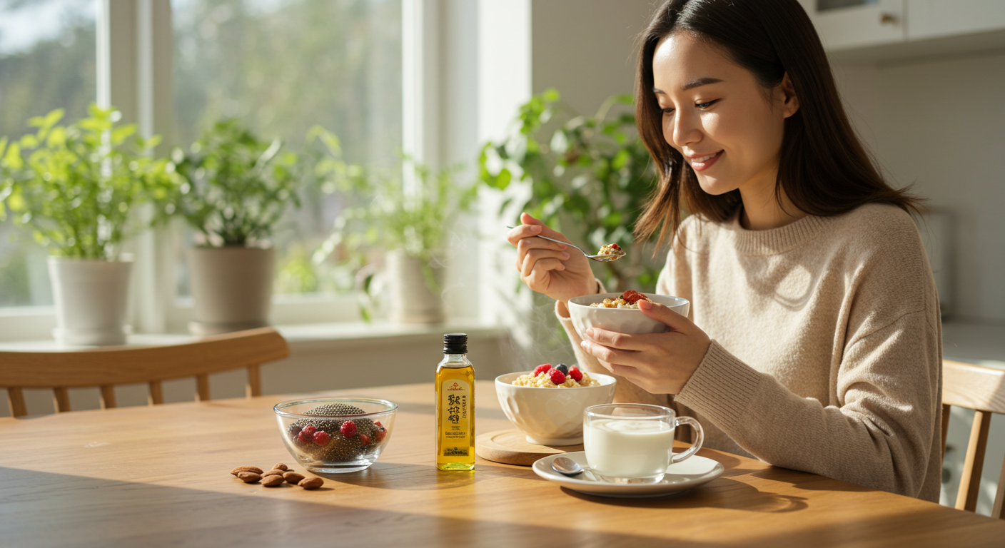 장 건강에 좋은 귀리죽과 요거트를 먹는 여성의 건강한 아침 식사 장면