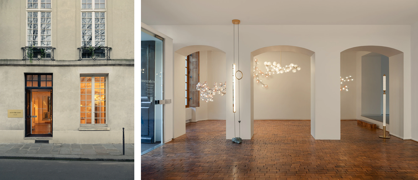 "Giopato & Coombes 파리 갤러리 외관과 내부 전시 공간, 르 마레에 위치한 감성 조명 브랜드의 대표 조명 시리즈와 미니멀한 디자인 갤러리"