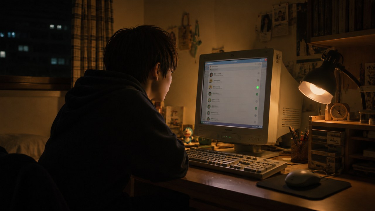 어두운 방에서 컴퓨터 화면의 친구 목록과 온라인 상태 표시를 바라보는 사람