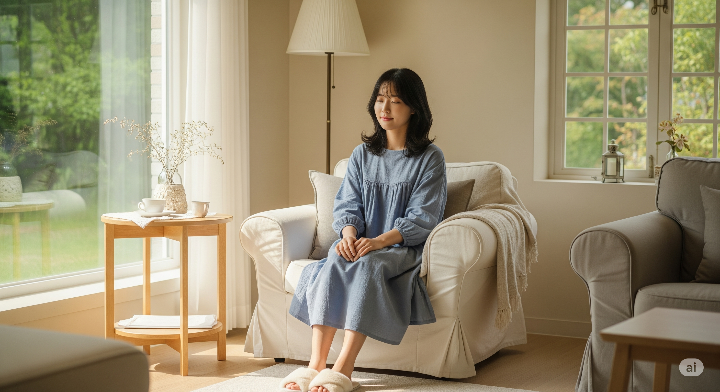 따뜻한 분위기의 집에서 차분하게 휴식하고 있는 청년 여성의 모습