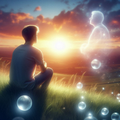 빛나는 구슬들이 일몰 배경에서 떠오르는 장면으로, 신비롭고 아름다운 분위기를 전달합니다.