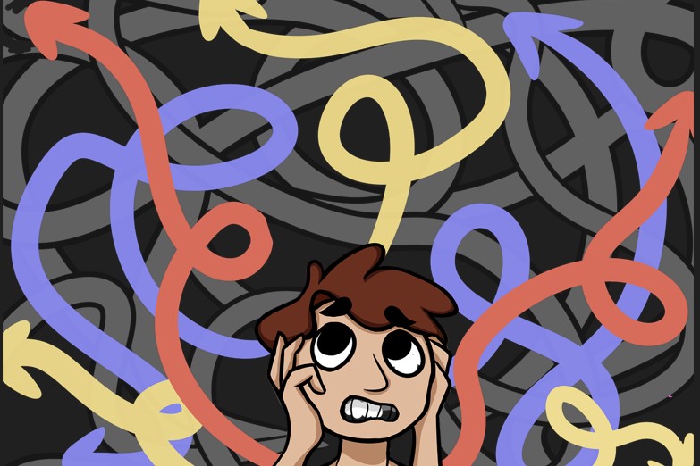 머릿속으로 온갖 복잡한 추리를 하고 있는 듯한 표정을 한 사람의 얼굴을 만화적으로 그린 그림