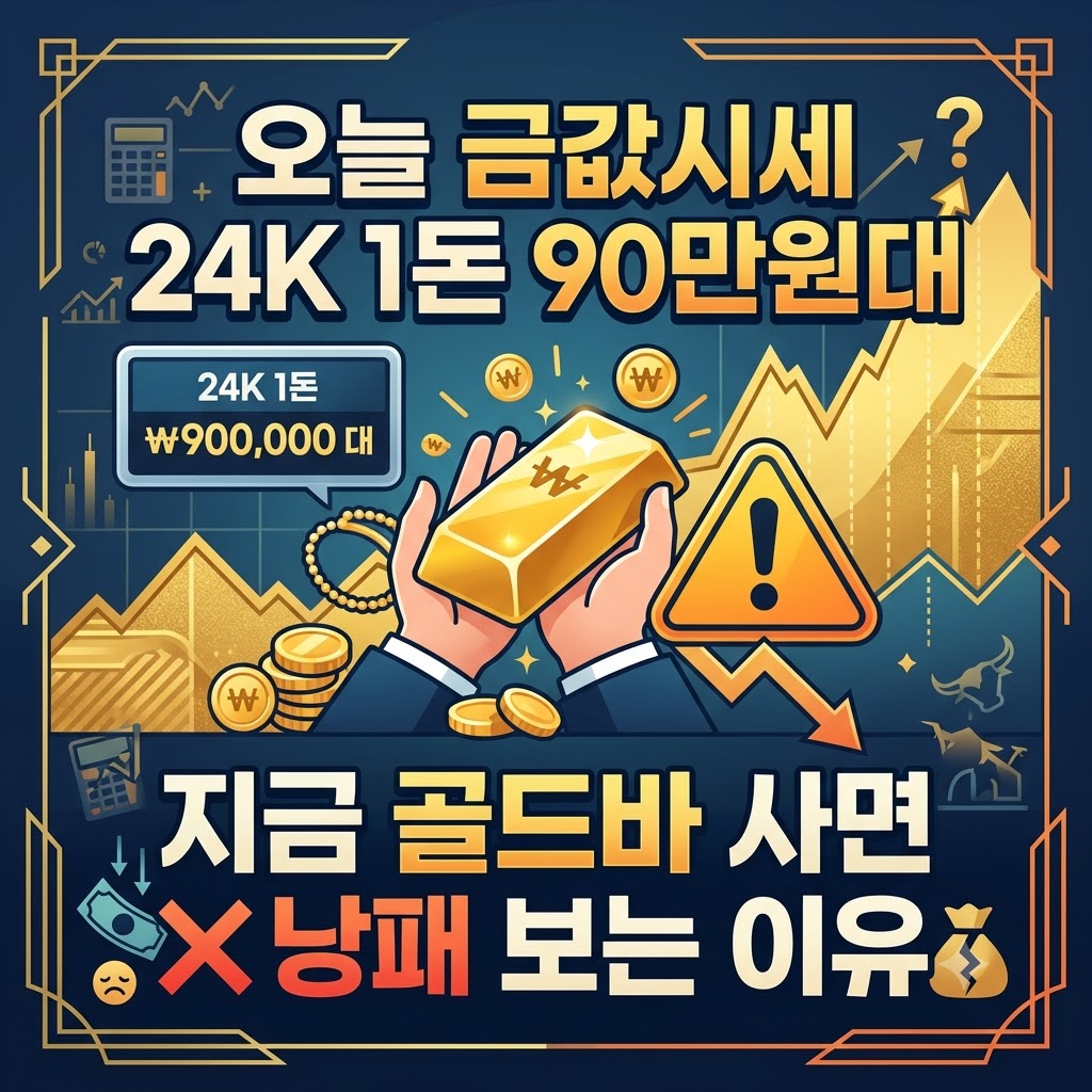골드바와 경고 표지판 그래픽과 함께 '오늘 금값시세 24K 1돈 90만원대, 지금 골드바 사면 낭패 보는 이유' 문구가 적힌 정사각형 인포그래픽 썸네일 이미지
