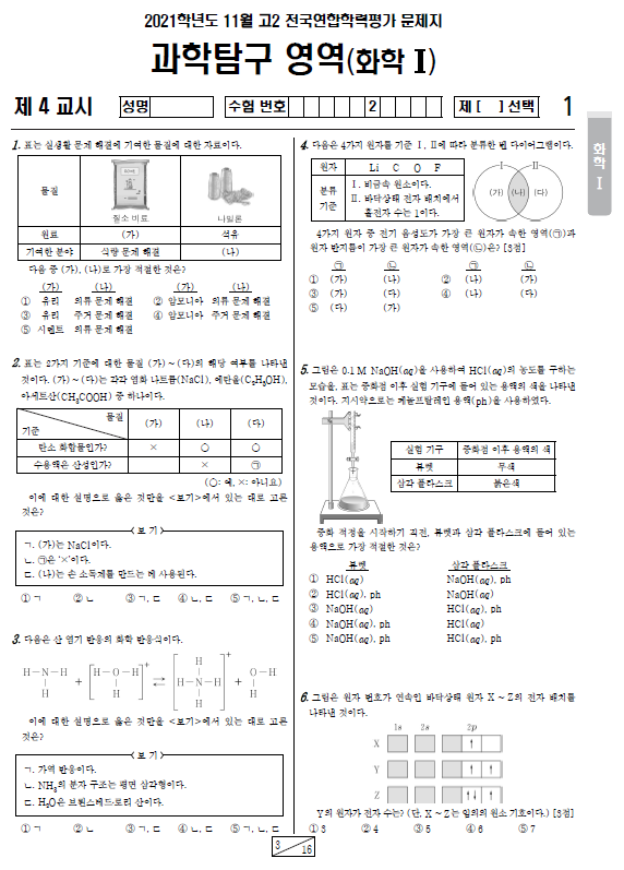 2021-11월-고2-모의고사-화학 1-기출문제-다운