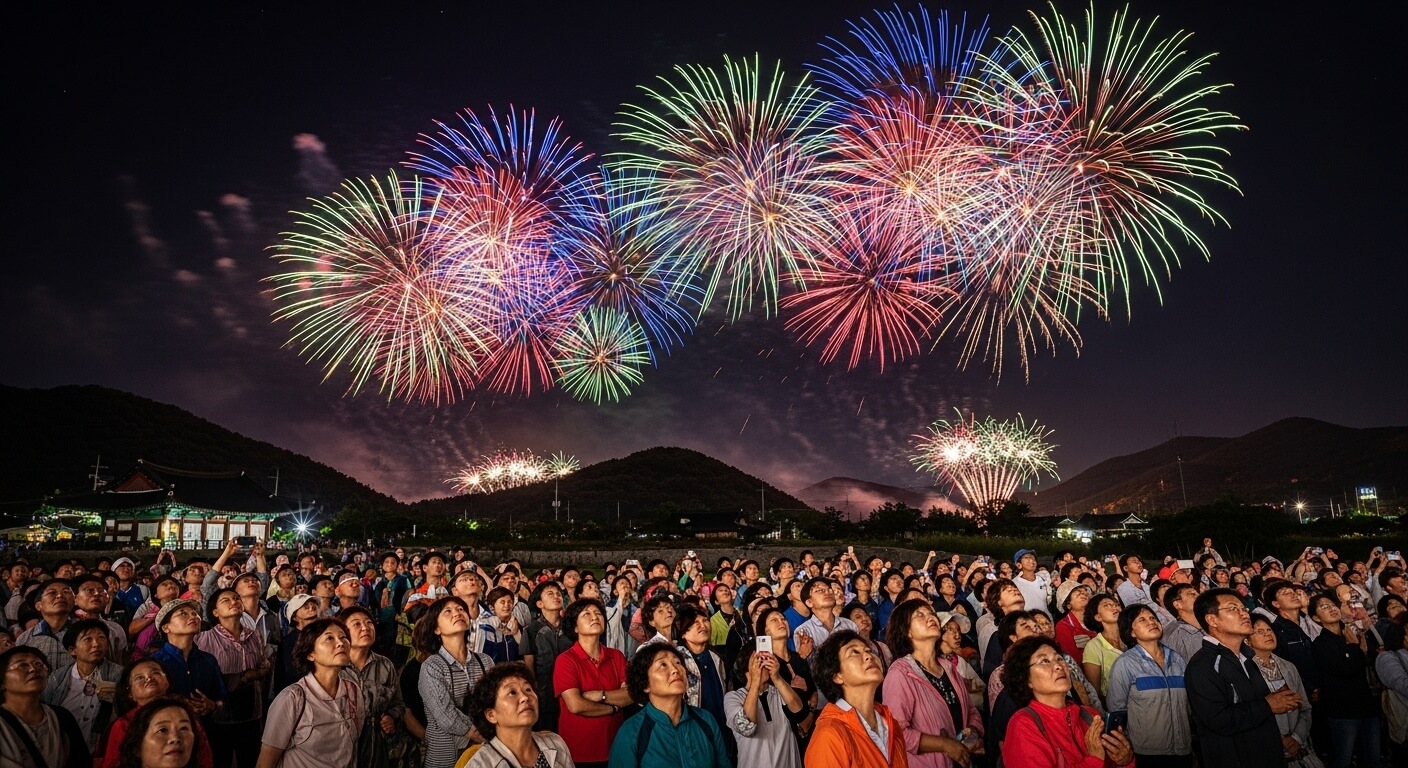 밤하늘 불꽃놀이를 바라보는 관람객들