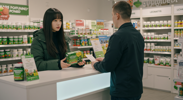 제품을 들고 환불 창구에 서 있는 소비자