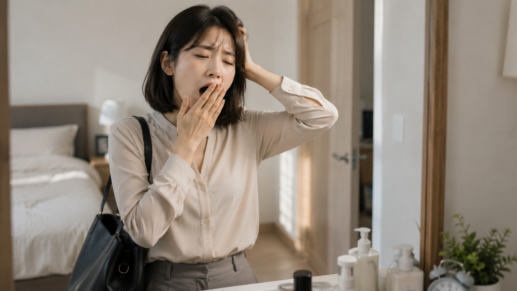 아침 출근 준비 중 하품하며 피곤해하는 젊은 여성 모습