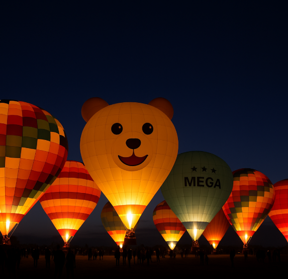 테메큘라 벌룬 페스티벌의 상징 같은 캐릭터 열기구들이 불을 밝힌 모습. 
가운데 곰돌이 열기구 이미지