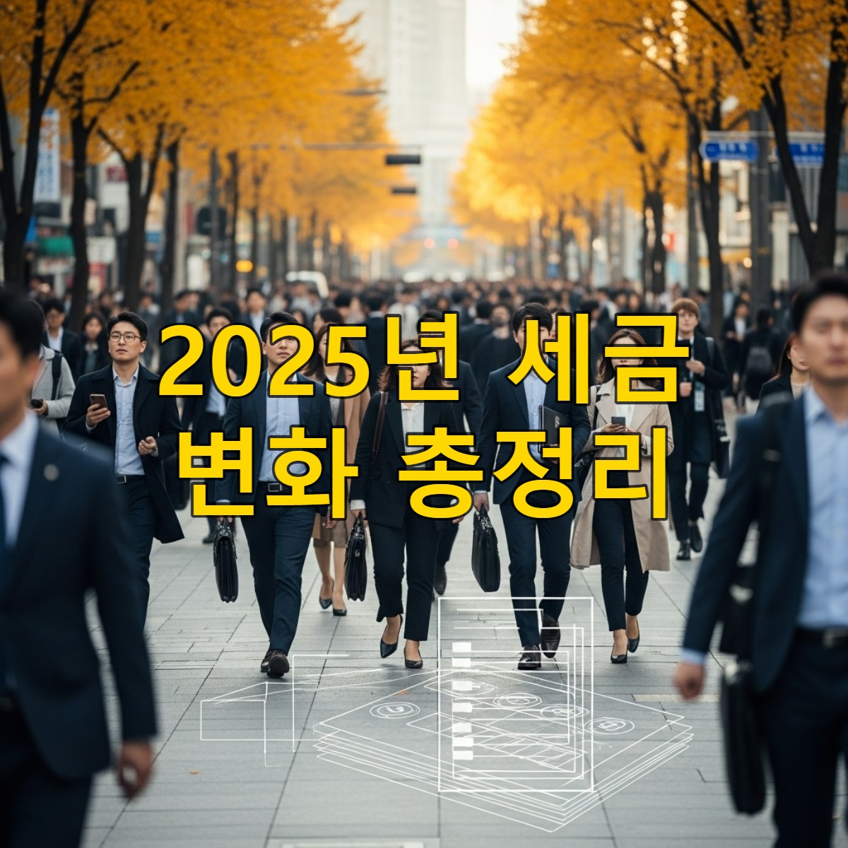 2025년 세법 개정으로 바쁜 한국 직장인과 사업가들이 현대적인 도시 배경에서 재무 서류를 확인하는 모습