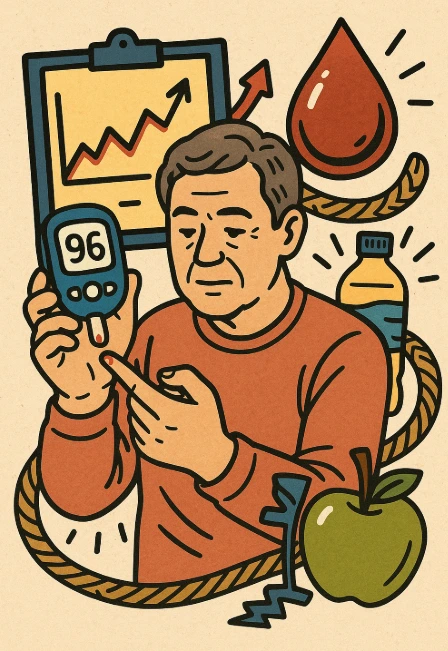 혈당을 재기 위해 피를 뽑는 장년을 나타내는 사진