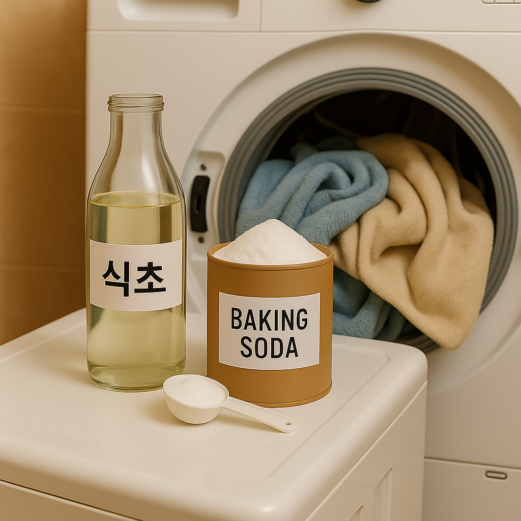 식초와 베이킹소다가 놓인 세탁기 앞 풍경, 세탁통 안에는 수건이 들어 있음