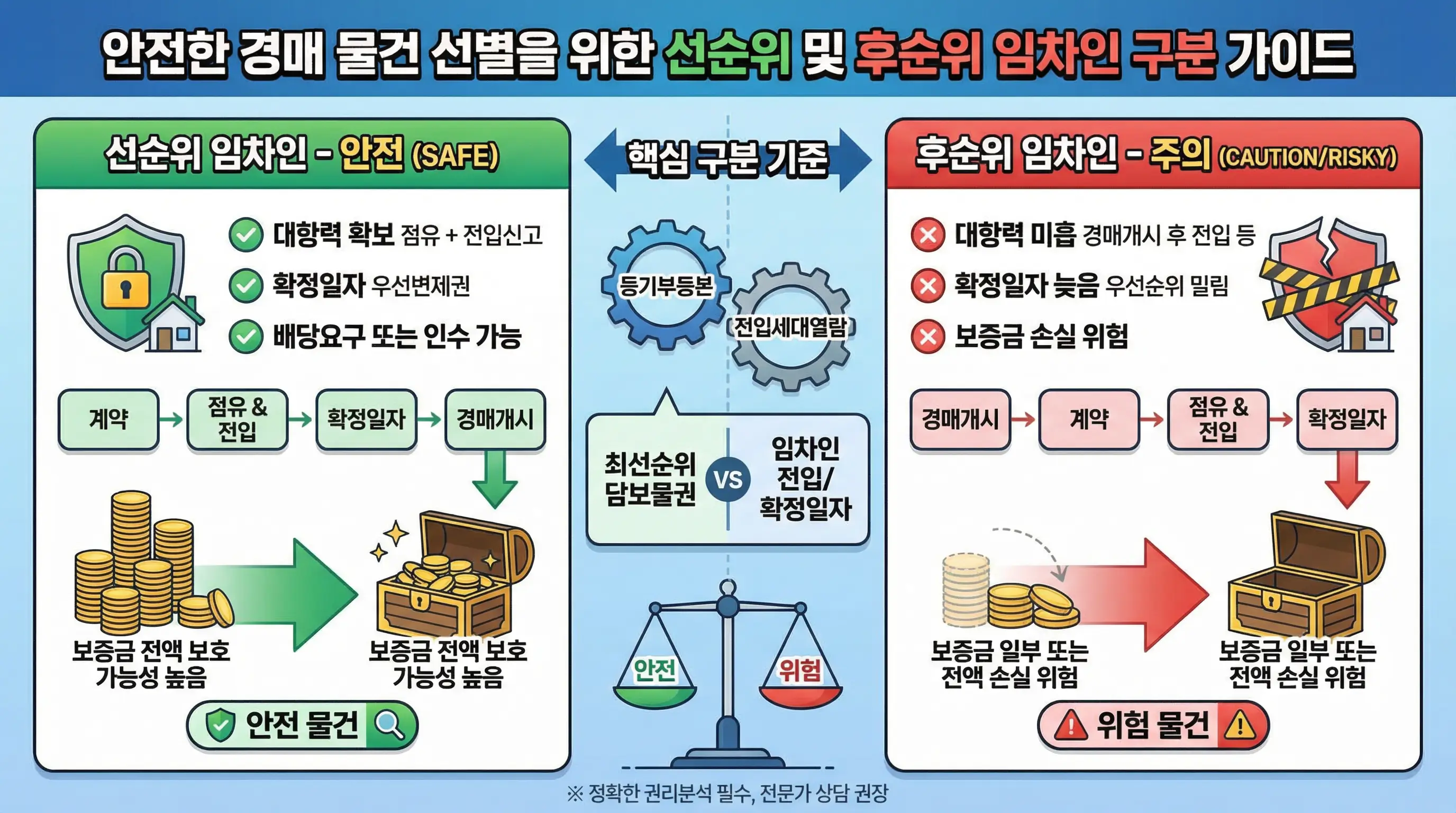 선순위 임차인과 후순위 임차인을 구분하여 안전한 경매 물건을 선별하는 인포그래픽
