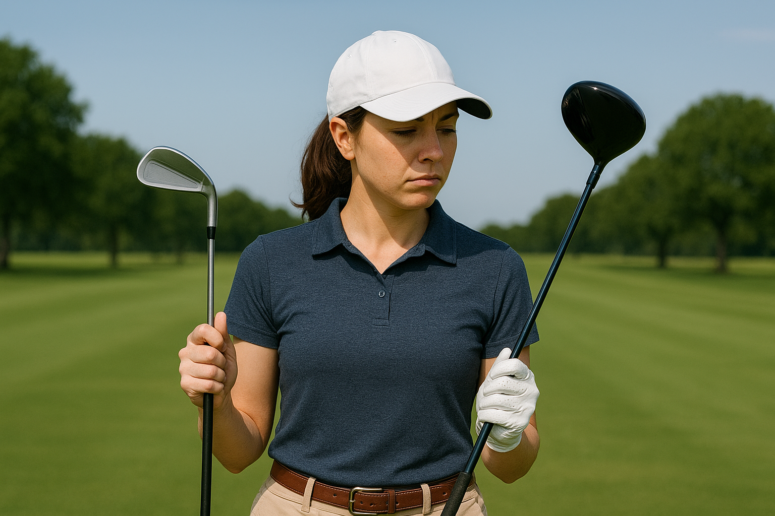 여성 골퍼 아이언 티샷과 드라이버 티샷중 어느것으로 할지 고민하는 모습
