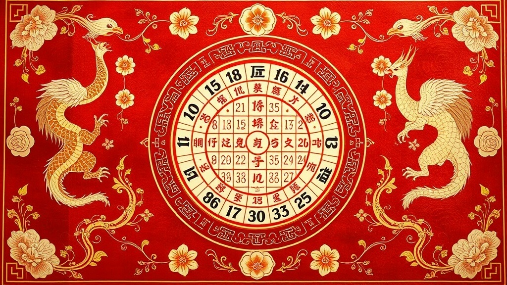 오래된 종이에 고어로 쓰여진 듯한 중국 황실 성별 예측 달력. 나이와 임신월에 따라 성별이 예측되는 표가 그림처럼 그려져 있으며, 동양적인 고풍스러운 느낌이 강조된다.