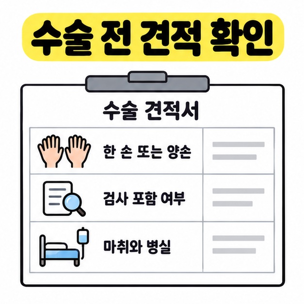 수술 전 견적서에서 한 손 또는 양손 기준, 검사 포함 여부, 마취와 병실을 확인하는 표