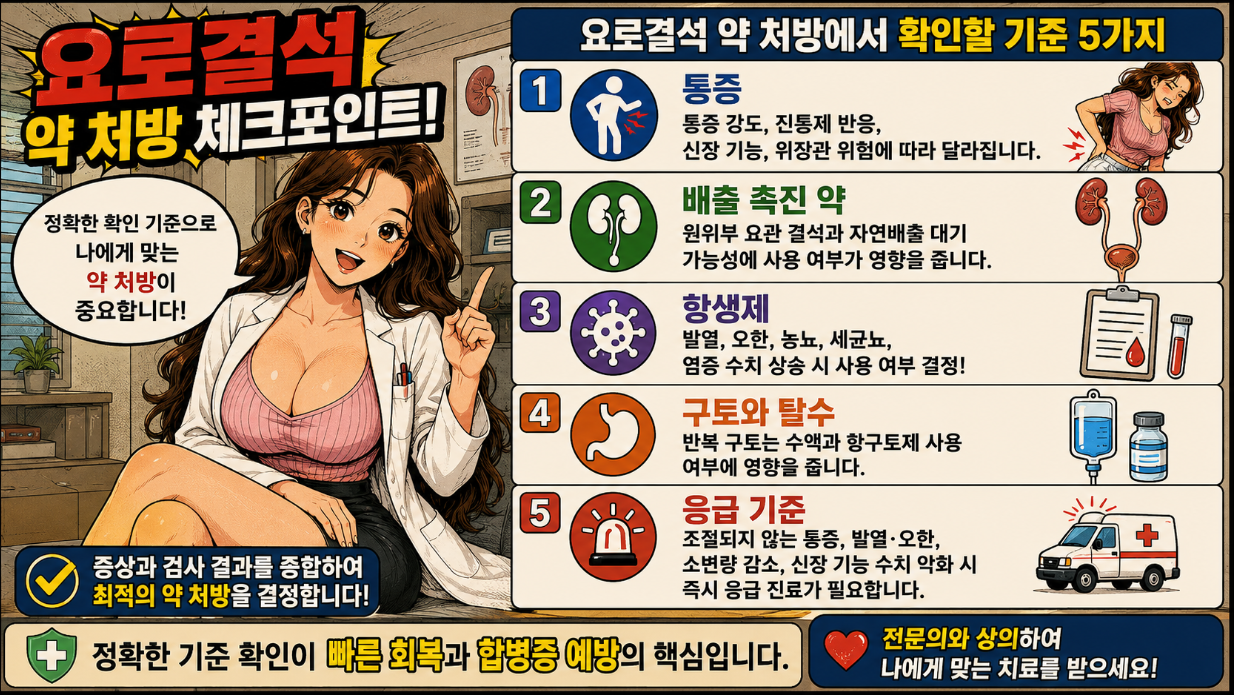 요로결석 약 처방에서 확인할 통증, 배출 촉진 약, 항생제, 구토와 탈수, 응급 기준을 마무리한 만화풍 체크포인트 인포그래픽